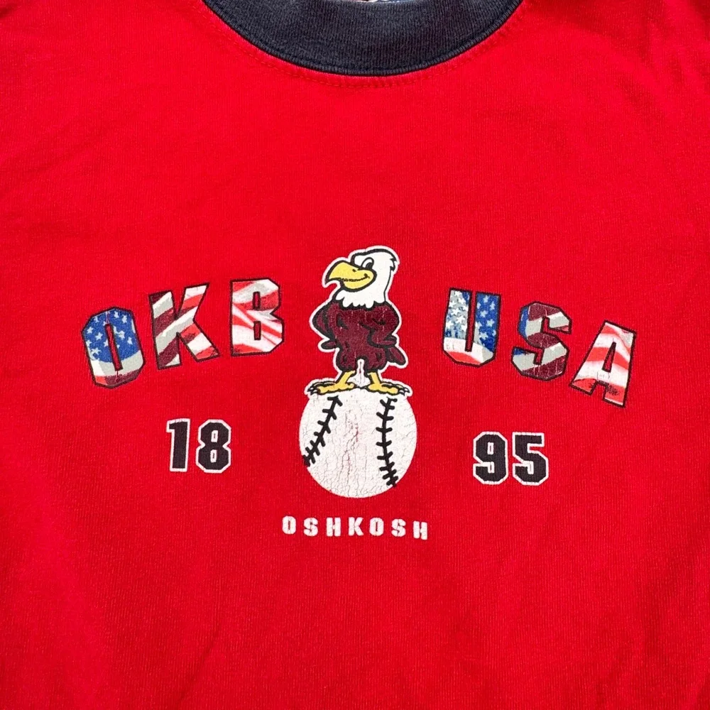 Vtg 90s OshKosh B'gosh Patriotic Baseball Graphic Tee Sz 4T Oshkosh Trusts Tide